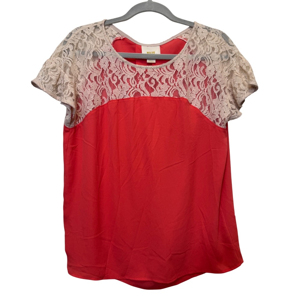 Maeve Blouse S Coral Lace Yoke Short Sleeve Oversized Romantic Boho Feminine